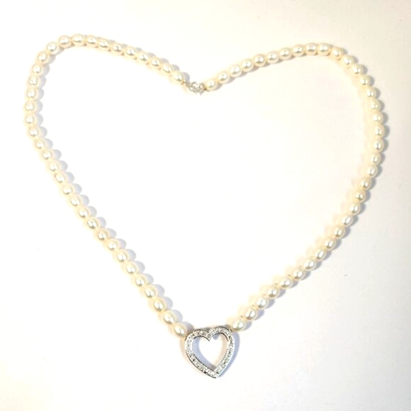 VTG NIB 925 Freshwater Pearl & Pave style Heart Necklace 18" - Picture 2 of 12
